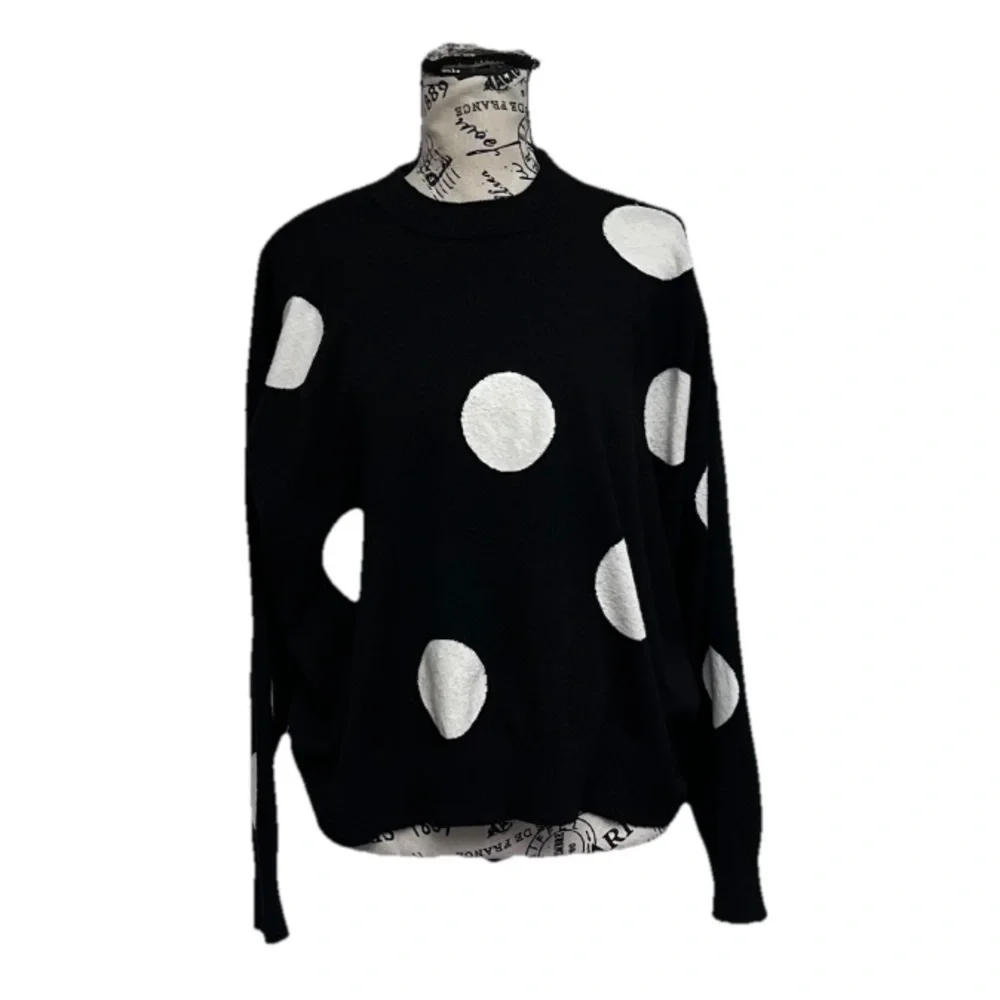 T Tahari Black Polka Dot Sweater Size L White Dot Knit Chic Parisian Minimalist